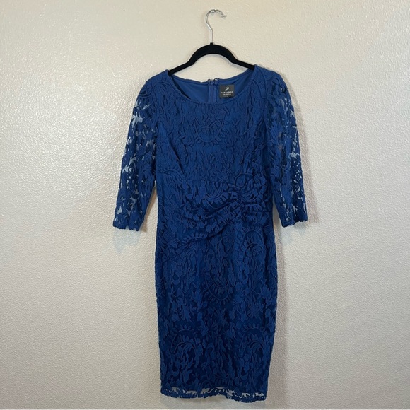 Adrianna Papell Blue Lace Sheer Sleeve Midi Dress Women’s 6 - Picture 2 of 9